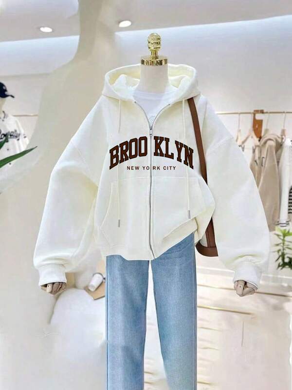 Women's Sweatshirt Jacket, Autumn/Winter, Zip-Up, Thermal Lined, American Style, Brand, Cross & English Text Print