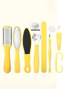 Raspador de pies 10 en 1 Eliminador de piel muerta y callosidades, Plancha de pies, Moledor de pies, Herramienta de pedicura, Juego de cuchillos exfoliantes amarillos para pedicura, Cuidado de los pies, Juego de herramientas de pedicura