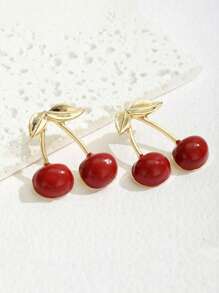 2pcs Delicate Cute Cherry Stud Earrings, Minimalist Sweet Style Earrings, Fashionable & Versatile Jewelry