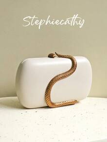 STEPHIECATHY 女士迷人奢华蛇纹五金装饰 PU 人造皮革手拿包品牌设计长金属链盒形手提包磁扣斜挎晚宴包多功能优雅钱包适合晚宴鸡尾酒会宴会约会礼物 - 彩色 - 查看 5