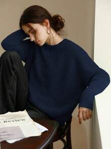 Knit Mix 优雅女士针织法式通勤毛衣，休闲宽松长袖圆领套头衫，适合秋冬季、圣诞节、感恩节、新年、情人节等节日穿着，也是返校季和秋季女装的理想之选。 - 藏青 - 查看 3