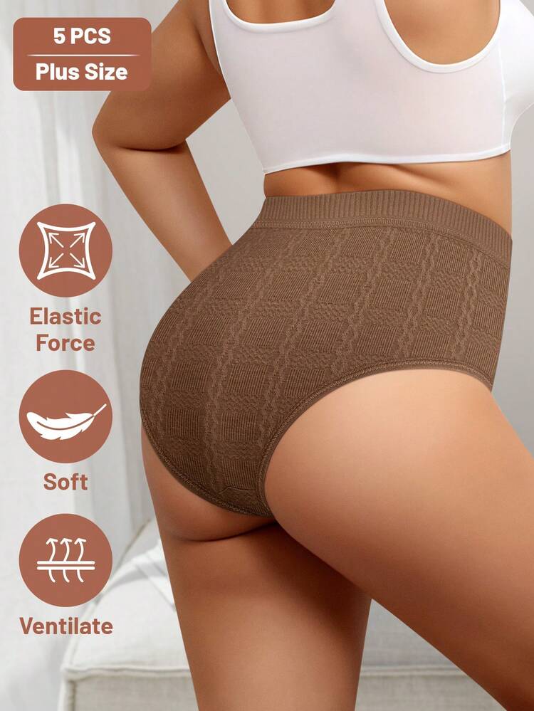5pcs/Pack Women Plus Size High Waist Panties, Jacquard Design, Elegant, Soft, Breathable - Multicolor - View 2