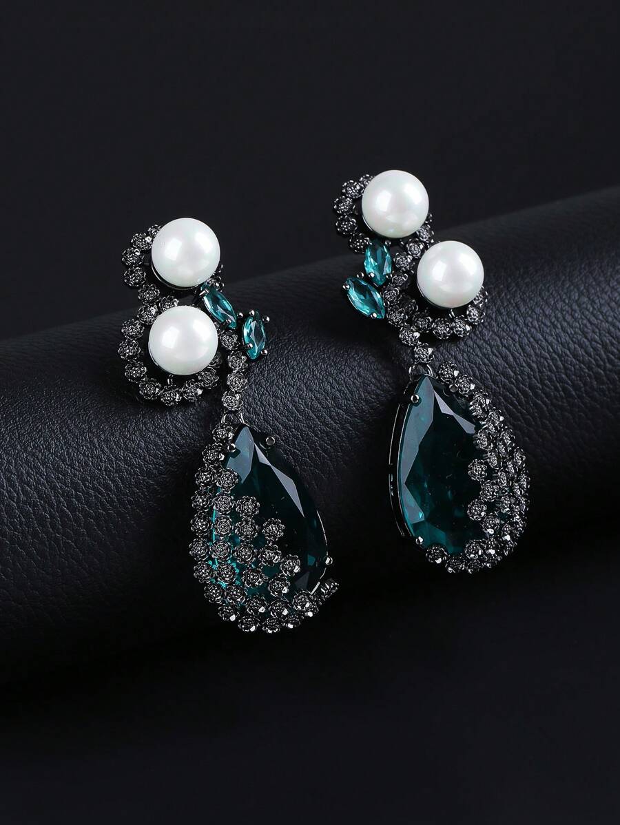 1 Pair Luxury Jewelry Style Copper Inlaid Cubic Zirconia Faux Pearl Pendant Earrings, Suitable For Formal Dresses, Parties And Occasions