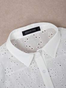 HOMEYEE Women's Fashion Solid Color Hollow White Button Business Formal Long Sleeve Elegant Blouse - White - View 6