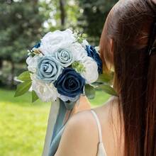 Dusty Blue Wedding Bouquets For Bride Bridesmaid, White Wedding Artificial Roses Flowers For Wedding Bouquets Ceremony, Anniversary - Dusty Blue - View 6