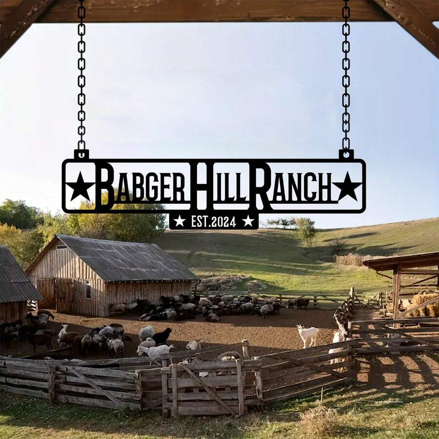 1pc Customized Vintage Metal Farmhouse Welcome Sign, Personalized Ranch And Family Name Plate, Outdoor Address Plaque, Wall Mountable For Farm, Zoo Or Ranch Entrance Decor, Garden Statues, Garden Decor, Outdoor Wall Art - Black - View 1