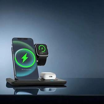 三合一可折叠无线充电器，快速无线充电站支架底座，适用于 17/16/15/14/13/12/11/Pro/Max/Mini/8/Plus/X/XR/XS/SE， Ultra2/Ultra/9/8/7/6/5/4/3/2/1/SE，以及 3/2/Pro2/Pro