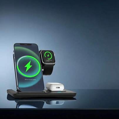 三合一可折叠无线充电器，快速无线充电站支架底座，兼容 17/16/15/14/13/12/11/Pro/Max/Mini/8/Plus/X/XR/XS/SE， Ultra2/Ultra/9/8/7/6/5/4/3/2/1/SE，以及 3/2/Pro2/Pro