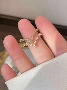 皇冠形奢华方晶锆石金戒指，可调节开口设计，适合女性婚礼派对佩戴和节日礼物 - 金色 - 查看 4