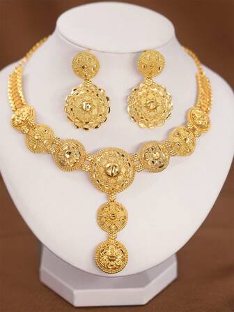 3Pcs Luxury Exquisite Beautifully Sunflower Round Piece Plated 18k Gold Necklace Earrings Sets, Suitable For Women Girls Wedding Party Daily's Wear