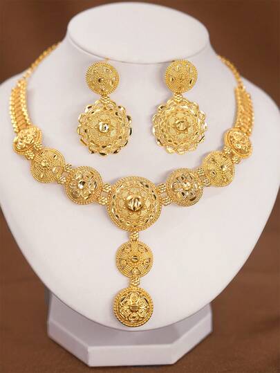 3Pcs Luxury Exquisite Beautifully Sunflower Round Piece Plated 18k Gold Necklace Earrings Sets, Suitable For Women Girls Wedding Party Daily's Wear