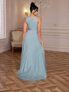 Đầm Maxi Dài Xẻ Tà Cao 3D Hoa Thanh Lịch Cho Nữ, Váy Dạ Hội, Cho Khách Dự Tiệc Cưới, Tốt Nghiệp, Váy Dự Tiệc Tối - Màu xanh nhạt - Xem 6