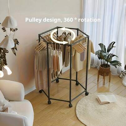 1pc Hexagonal Rotating Wheeled Clothes Rack, Heavy Duty Rolling Garment Rack, Space Saving, Sturdy Metal Floor Standing Multi-Rod Clothes Hanger, Suitable For Bedroom, Dorm And Balcony, Freestanding Rotating Clothes Rack, Portable Wardrobe Hanging Rack, Independent Clothing Rack, Retail Garment Display Stand, Laundry Room Storage Rack, Home Decor, Room Decoration, Closet And Cabinet Organizer