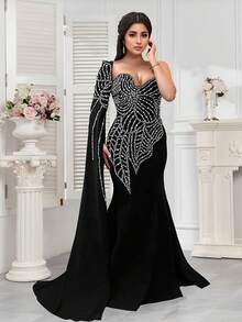 华丽优雅单肩长款披肩袖露背闪亮水钻修身鱼尾性感女士长款晚宴婚纱 - 黑色 - 查看 4