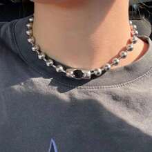 1pc Men's INS Circle Beaded Chain Necklace, Minimalist Necklace For Stylish Young Men - Silver - View 5