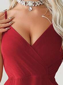 SOFUSEN 性感V领无袖吊带睡裙配丁字裤套装，内衣套装 - 酒紅色 - 查看 4