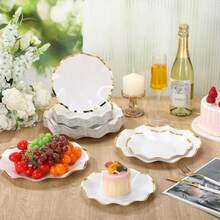 100 Pcs White Party Paper Plates With Gold Rim Scalloped Dessert Plates 10 Inch 8 Inch Disposable White Wedding Paper Dinnerware For Cake Dessert Birthday Baby Shower Tea Party Supplies - 白色 - 查看 5