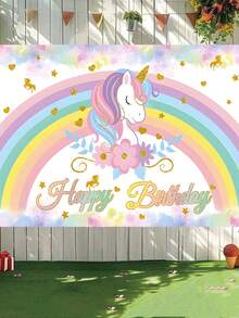 1pc Rainbow Unicorn Birthday Polyester Banner 100x150cm | Waterproof Background Cloth For Unicorn Theme Party Decor | Indoor Outdoor Fence Hanging Fabric | Wall Decor Cake Table Backdrop - Pink - View 1