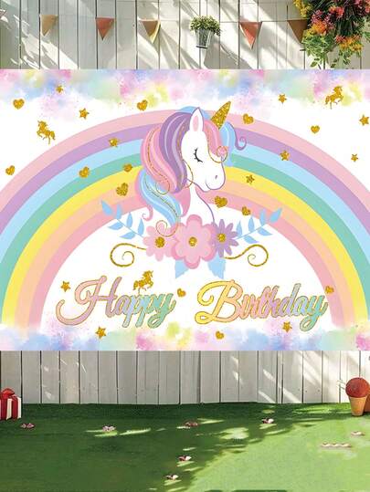 1pc Rainbow Unicorn Birthday Polyester Banner 100x150cm | Waterproof Background Cloth For Unicorn Theme Party Decor | Indoor Outdoor Fence Hanging Fabric | Wall Decor Cake Table Backdrop