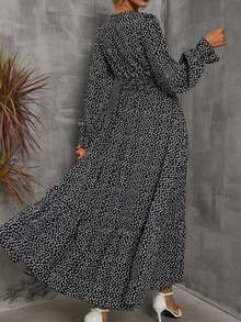 Women's Polka Dot V-Neck Dress - Light Luxury Mature Style Waist-Cinched Flared Sleeve, Spring Fall Summer Print Elegant Versatile Maxi Dress - 黑色 - 查看 2