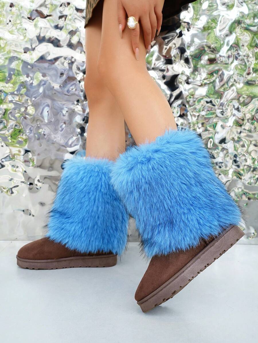 Damen Schneestiefel Y2K einfarbig 2025 Neu Herbst/Winter rutschfest Schlüpfen Flauschige Flauschige Stiefel, dick warm modisch einfach sexy schlank Plüsch Schuhe, elegante flauschige Patchwork Party Blau