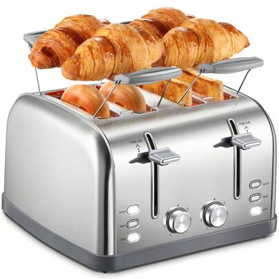Yabano Toaster 4 Slice, Extra Wide Slots, Stainless Steel With High Lift Lever, Bagel And Muffin Function, Removal Crumb Tray, 7-Shade Settings With Warming Rack, Silver