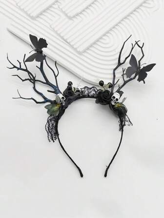 1pc Women's [Horror Accessory] Faux Flower Fabric Skull Headband, Lace Branch Butterfly Headpiece, Floral Headband Accessory, Holiday Exclusive