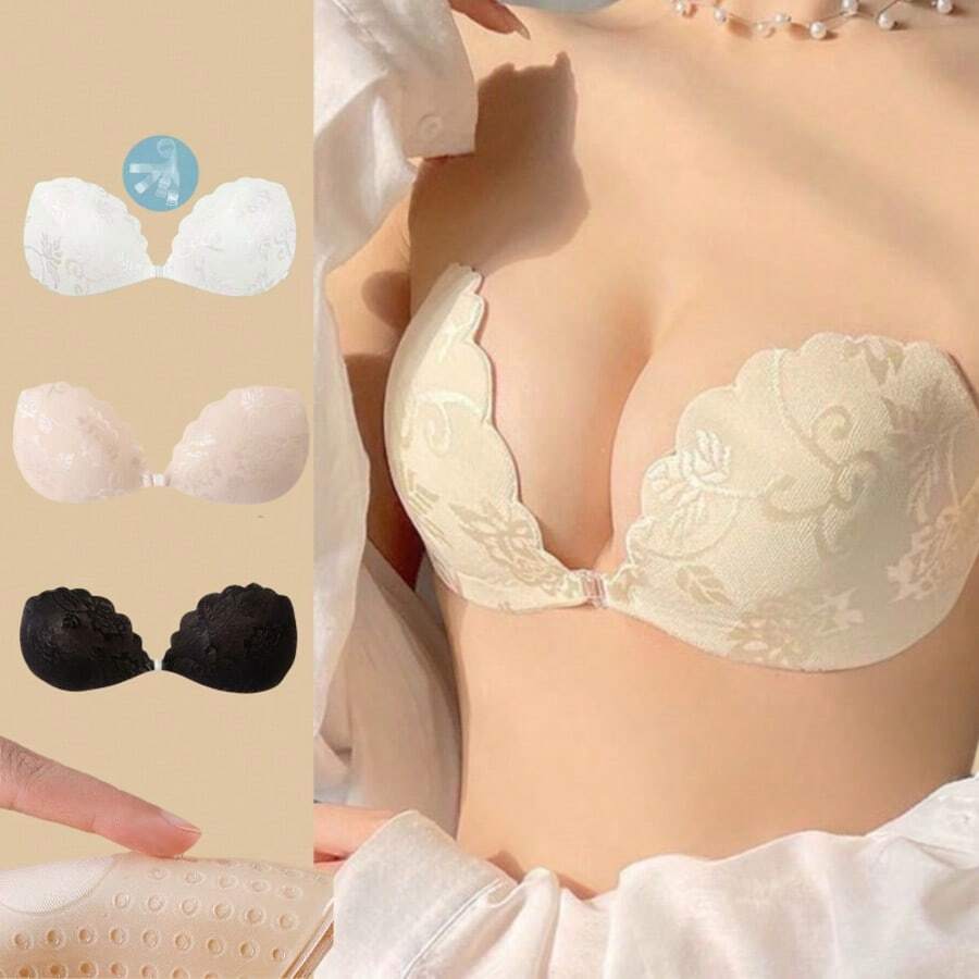 一套优质人造丝蕾丝文胸，一件透明肩带文胸，一件隐形塑形文胸 - 彩色 - 查看 1