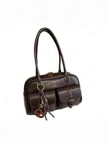 Women's Retro Solid Color Pu Leather Shoulder Bag With Multiple Pockets Large Capacity Comes With A Detachable Accessory Charm, Vintage Bag For Women - Cà phê nâu - Xem 9
