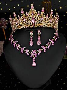 1 Set Bridal Accessories - Red Rhinestone Decor Crown, Necklace, Earrings (4pcs), Wedding Jewelry Set, Suitable For Wedding Dress, Gown, Gold Gala, Wedding Party - Pink - View 5