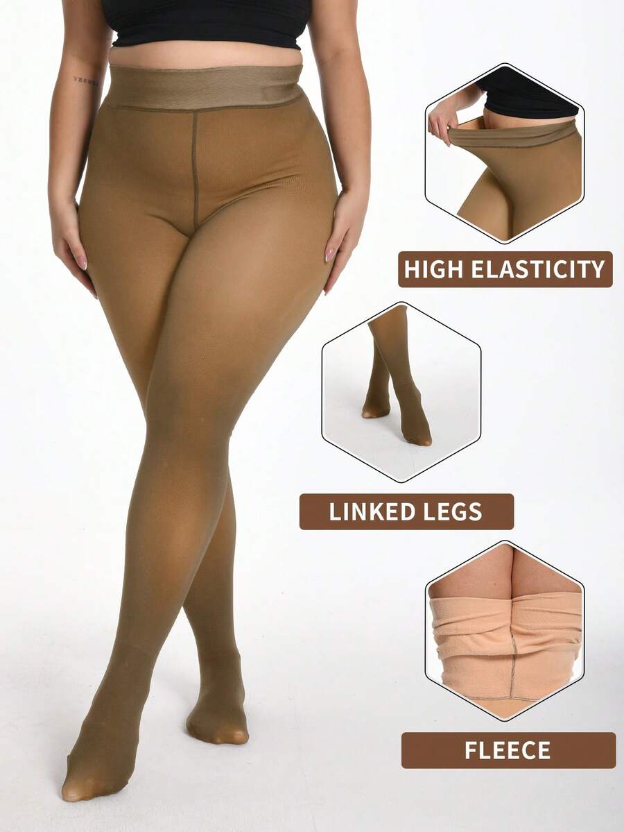 Thick Warm Pantyhose, Stylish Fake Skin Fleece Leggings, High Waisted Design, Women's Pantyhose And Stockings Winter - 咖透膚 - 查看 1