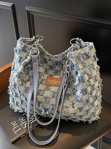 时尚条纹手提包 - 女士大容量单肩包 - 日常使用的拉链手提包 - 简约链条单肩手提包，适合少女、女士、大学生、办公室、工作、商务、通勤