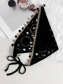 女士头巾 1 件装，黑色花卉、海洋、蜻蜓、贝壳钩编镂空流苏发带，波西米亚风格，适合日常佩戴、运动、海滩度假，秋季配饰，发带，秋冬发箍，优雅围巾 - 黑色 - 查看 3