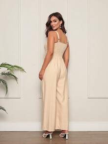 Women's Wide Leg Jumpsuit With Adjustable Straps, Fitted, And Elastic Waist. Casual Chic Style. - 米色 - 查看 2