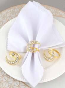 6pcs Rhinestone Hollow Star & Moon Gold Napkin Rings, Suitable For Holiday Table Decor, Banquet Napkin Holders, Minimalist Napkin Rings - Multicolor - View 3