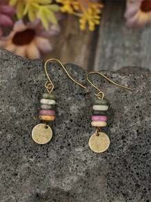 1 paire de boucles d'oreilles vintage rondes faites main avec plaques de métal patiné et perles, boucles d'oreilles rétro créatives en mini perles de pierre pour femmes