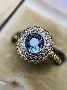 Retro Fashion Blue Stacked Ring Creative Floral Design Matching Ring, Valentine'S Day Gift Suitable For Daily Wear And Leisure Exquisite Gift No Box - 彩色 - 查看 4