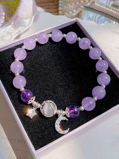 1pc Women's Minimalist Fashion Bracelet, Sweet Girl's Glass Beaded Star & Moon Bracelet