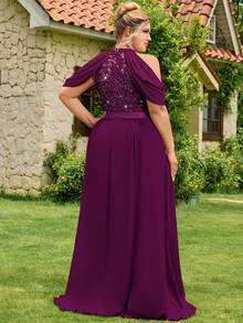 Đầm dạ hội cỡ lớn bằng chiffon đính sequin, ren hoa, khoét vai, thích hợp cho dạ hội, lễ tốt nghiệp, đám cưới, tiệc sinh nhật mùa hè thanh lịch. - Màu Tím - Xem 3