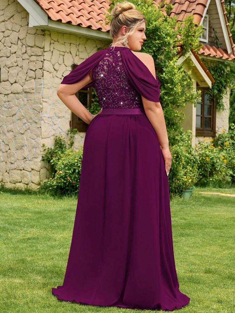 Plus Size Halter Neck Sequin Floral Lace Hollow Shoulder Cape