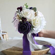 Dusty Blue Wedding Bouquets For Bride Bridesmaid, White Wedding Artificial Roses Flowers For Wedding Bouquets Ceremony, Anniversary - 紫色和奶油色 - 查看 7