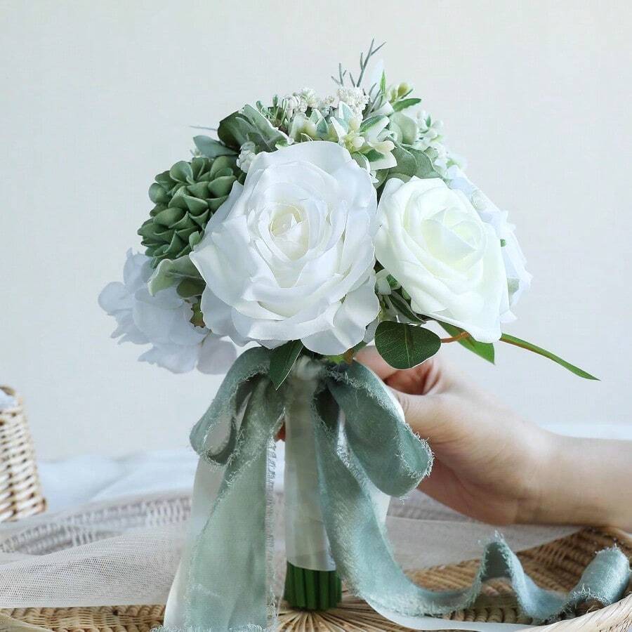 Dusty Blue Wedding Bouquets For Bride Bridesmaid, White Wedding Artificial Roses Flowers For Wedding Bouquets Ceremony, Anniversary - Sage Green - View 1