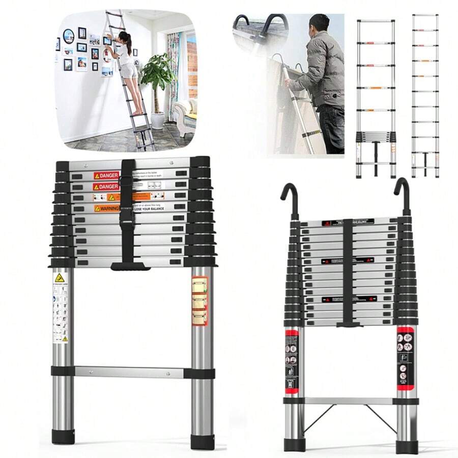 2.6m-5m Portable Retractable Attic Ladder Steel Extension Loft Step Ladder 150kg HomeWarehouse DlY Stepladder With Removable Hook - Bạc - Xem 1