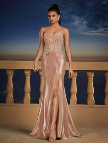 全新性感露肩高开叉美人鱼晚礼服伴娘礼服 - 粉色 - 查看 7