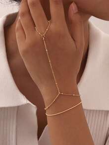 1pc Minimalist Fashion Metal Beads Chain Link Finger Ring Bracelet (Handmade Chain Cut To Appropriate Size, Random Bead Quantity) - Gold - View 6