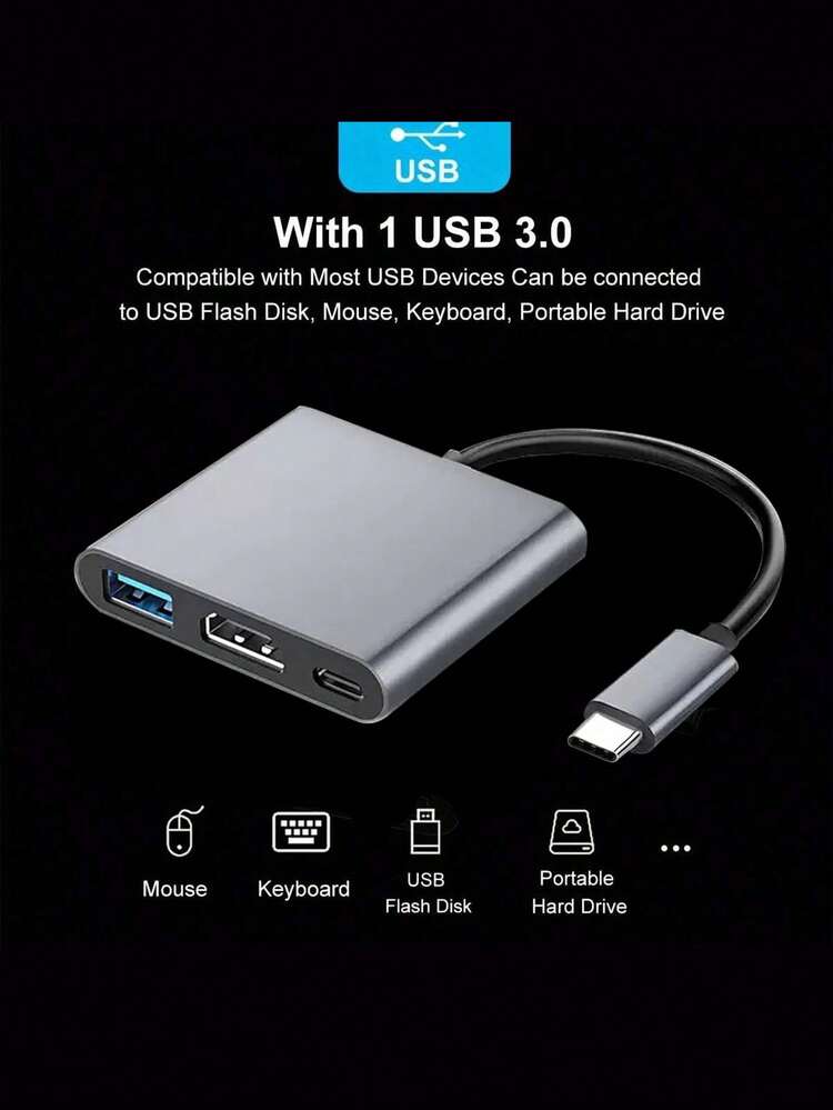 三合一 Type-C 适配器，USB 3.0 接口，支持鼠标、键盘、U盘转换器，多功能 OTG 适配器，高速传输 - 灰色 - 查看 2