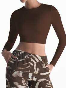 XLLAIS Camiseta ajustada de manga larga con cuello redondo, de doble capa elástica y corta para mujer - Marrón - Ver 2