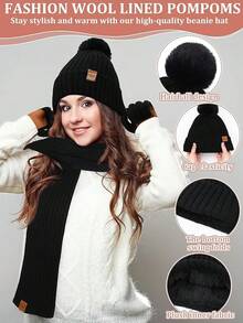 Halloween Decor Winter Beanie Hat Scarf Gloves Set, Fleece Lined Beanie Pom Long Scarf Neck Warmer Touchscreen Gloves Women Men - 黑色 - 查看 5