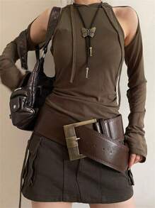 女士棕色 PU 材质宽扣复古风格腰带，凸显腰身，修身优雅万圣节夏季、学校秋季、秋季、万圣节