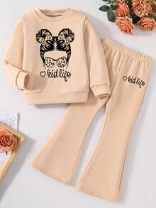 Tween Girl Cartoon Print Crew Neck Sweatshirt And Flare Pants Set - Khaki - View 1